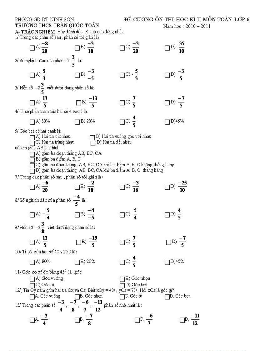 De cuong on tap toan 6 hkii nam hoc 10 11