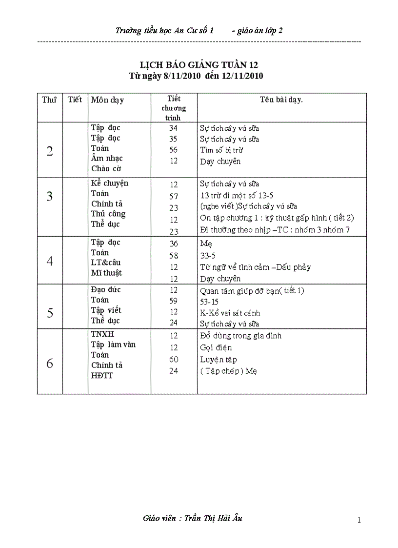 Giáo án lớp 2 tuần 12 chuẩn