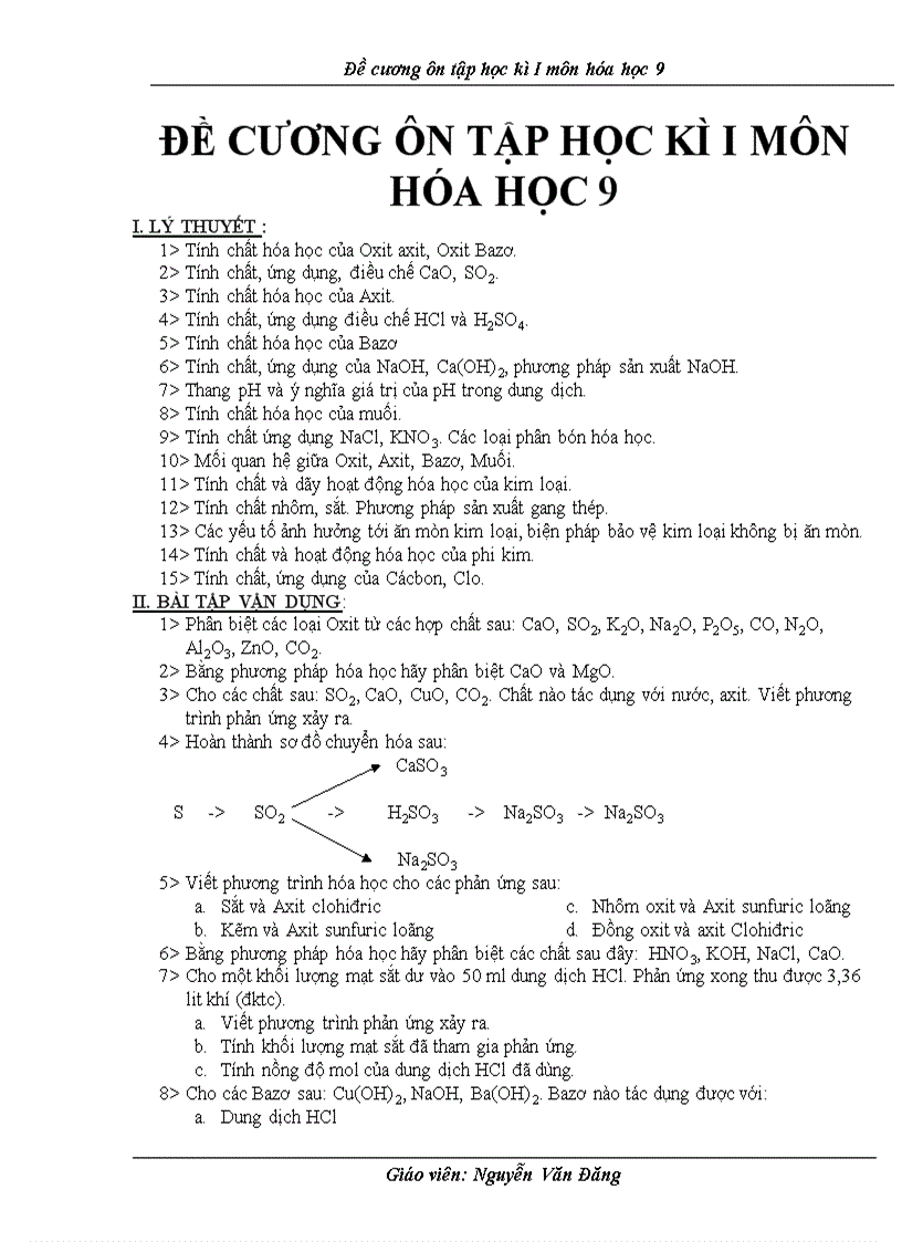 Đề cương ôn tập hóa học9 kì i