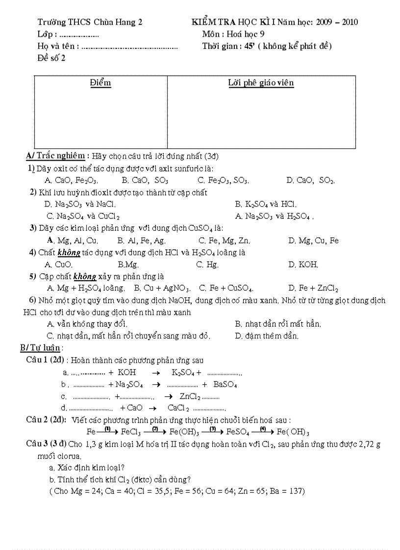 Đề hóa 9 2