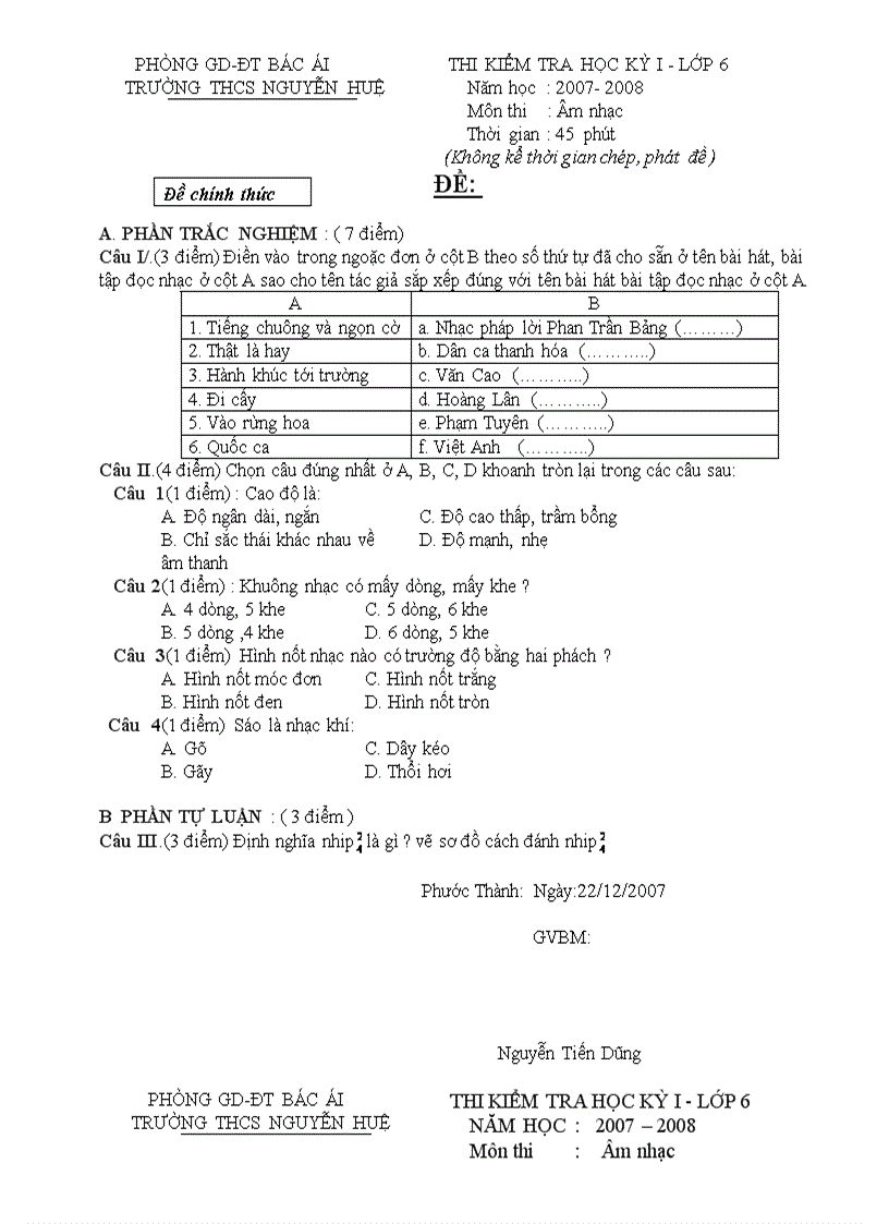 Đề thi đáp án nhạc 6789 HKI