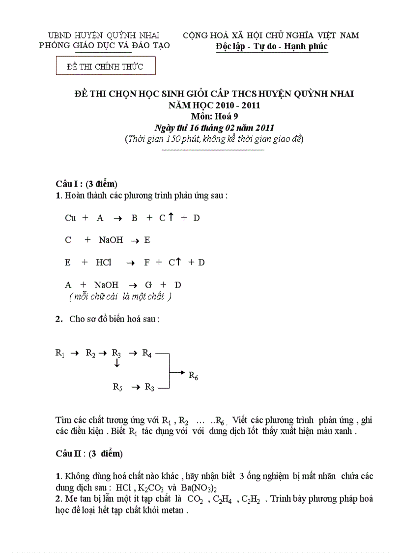 Đề thi chọn HSG Hóa 9 năm 2010 2011