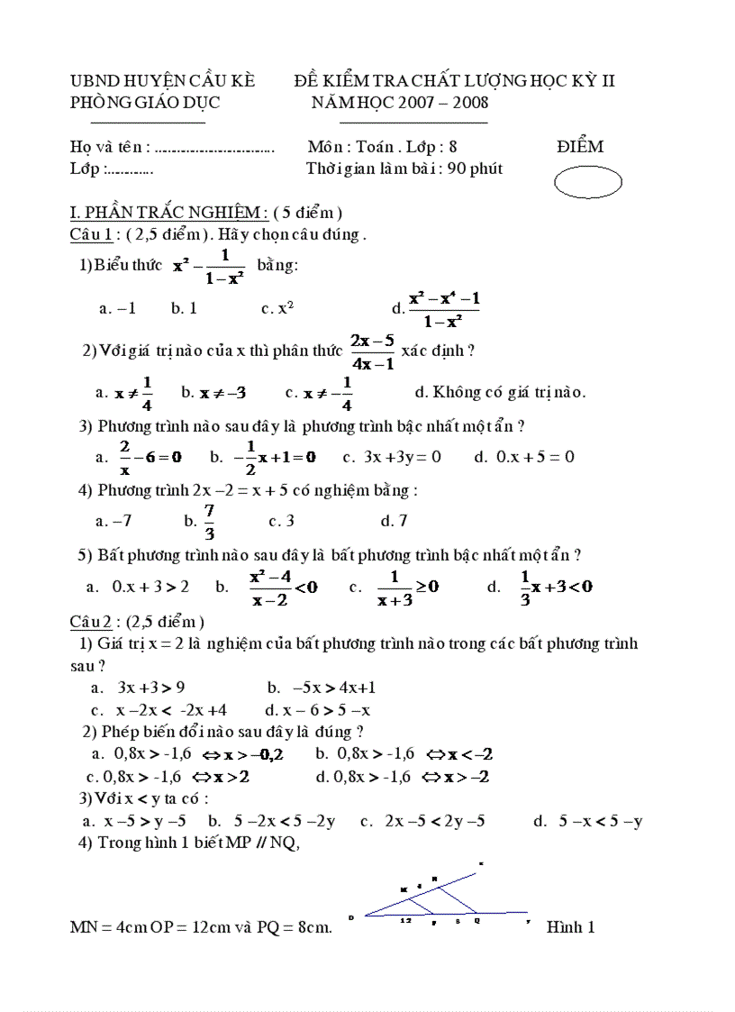 Đề thi học kỳ ii lớp 8