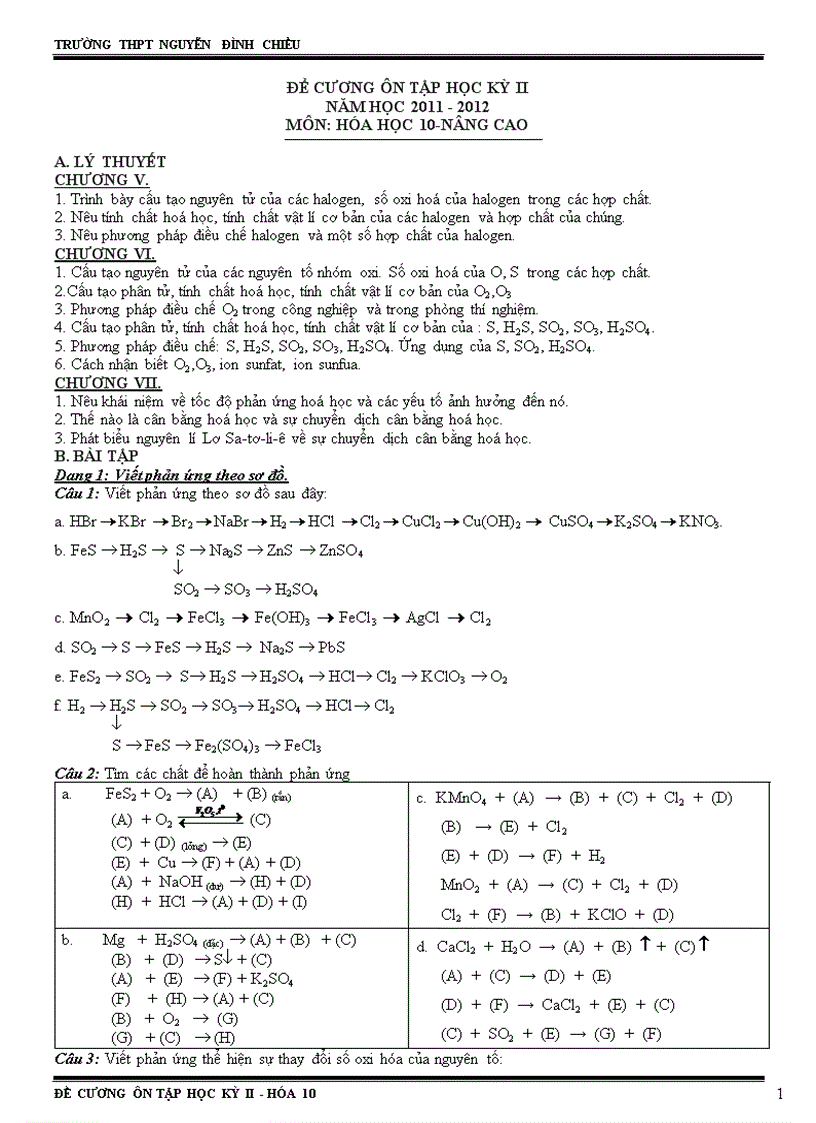 Đề cương ôn tập Hóa 10 nâng cao và Hóa 12 Cơ bản