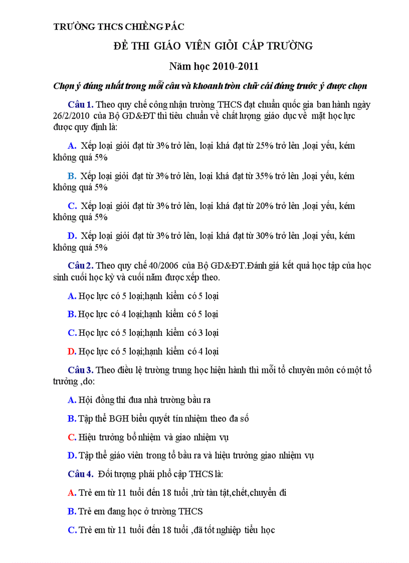 Đề thi gv giỏi cấp trường