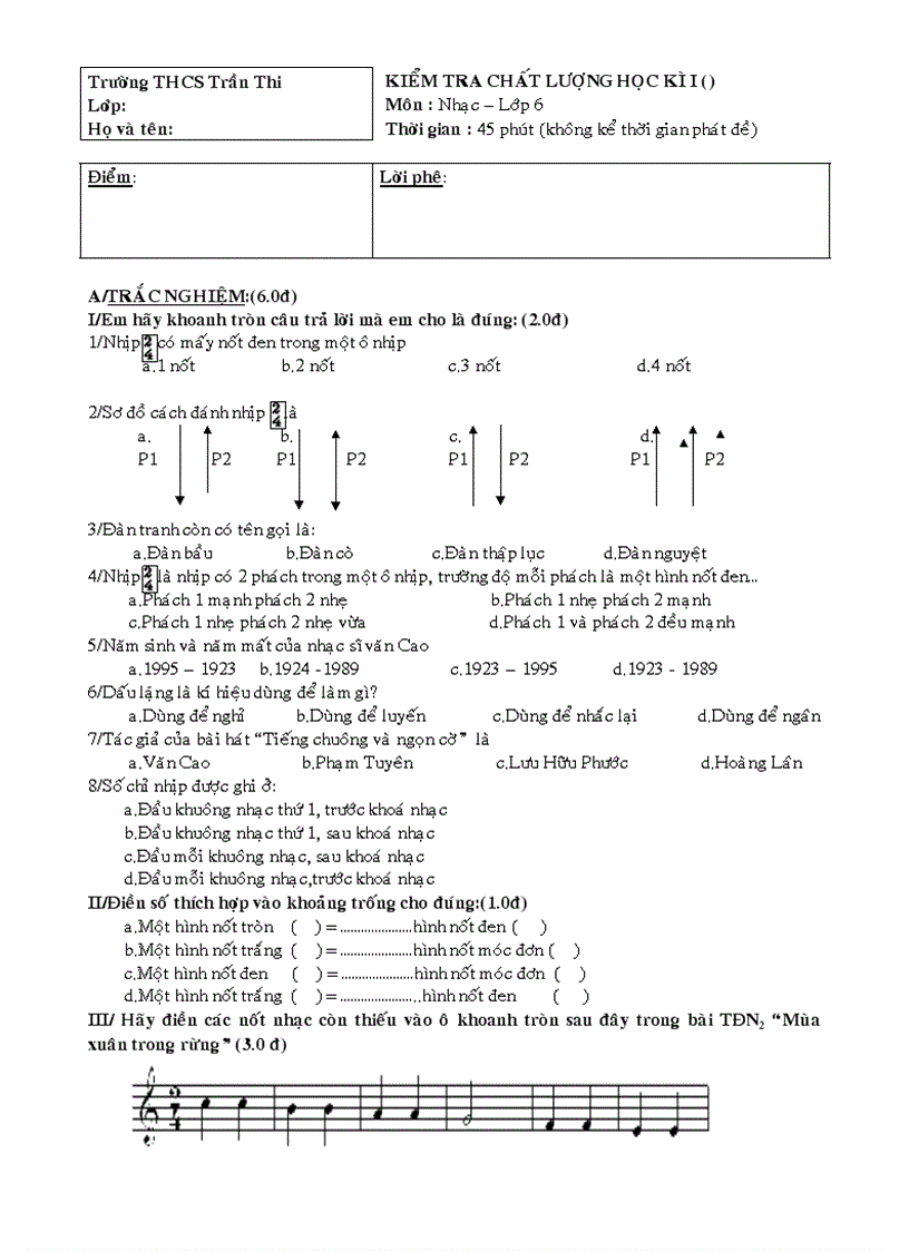 Đề thi đáp án môn nhạc lớp 6