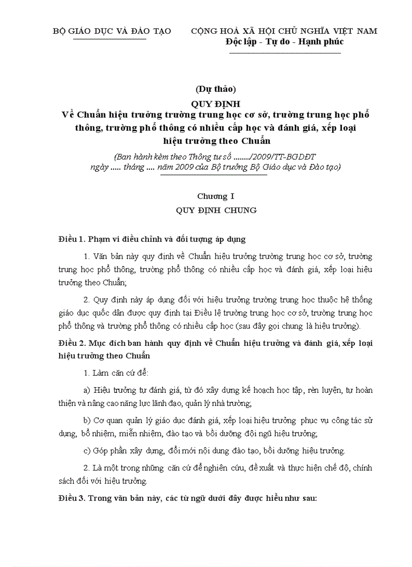 Dự thảo QUY ĐỊNH Về Chuẩn hiệu trưởng