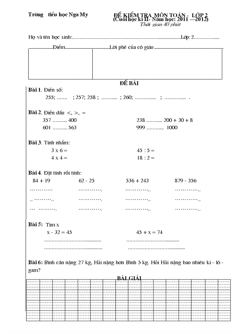 De kiem tra cuoi hoc ki II lop 2 3 nam 2011 2012