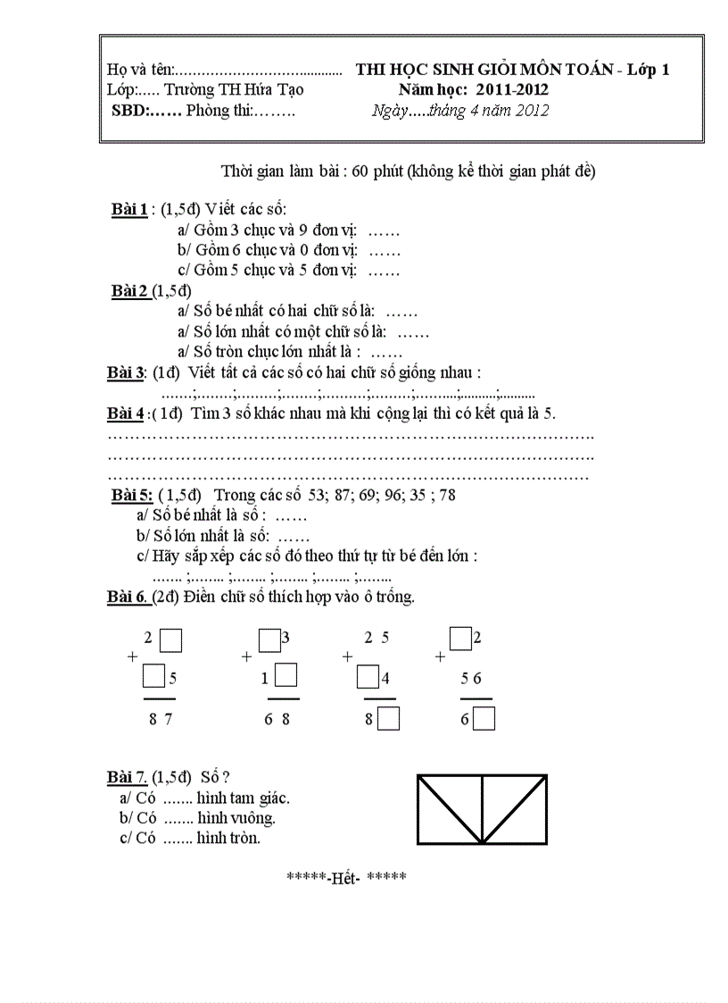 Đê thi HS giỏi môm Toán Lớp 1 Hoang Năm 2011 2012