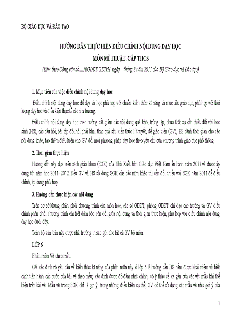 Dự thảo hướng dẫn thực hiện điều chỉnh nội dung dạy học môn mỹ thuất cấp thcs