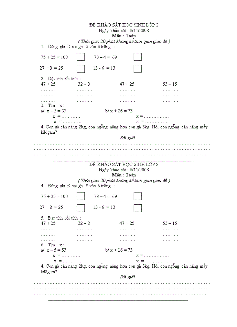 Đề khảo sát hs lớp 2