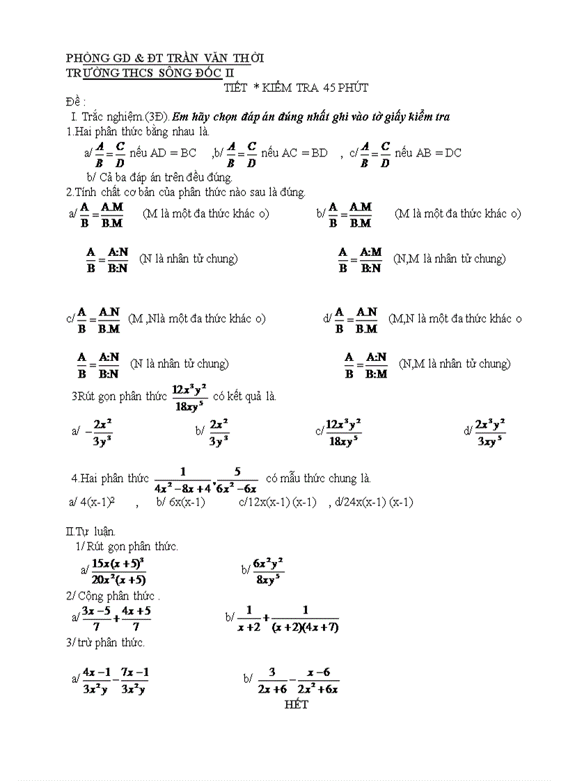 Đề 45 p ĐS 8 CH II