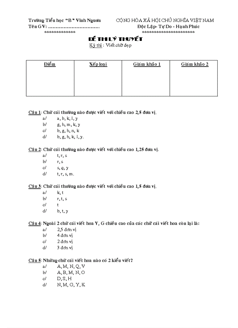 Đề thi viết chữ đẹp gv