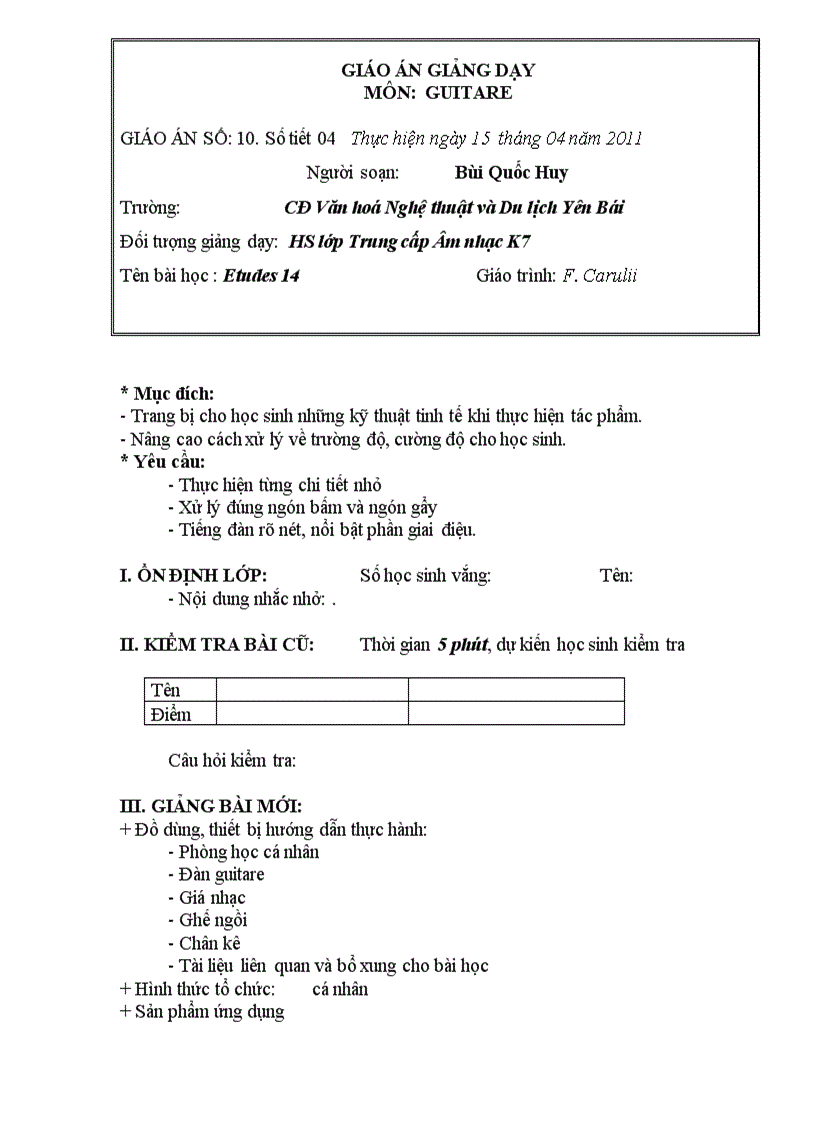 Giáo án Guitar Etuder 14 Carulli