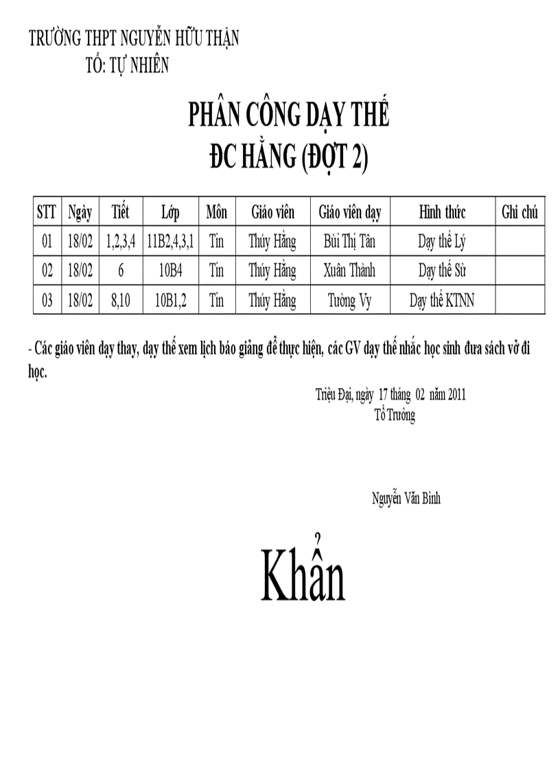 Dạy thay dạy thế Đc Hằng Đợt 2