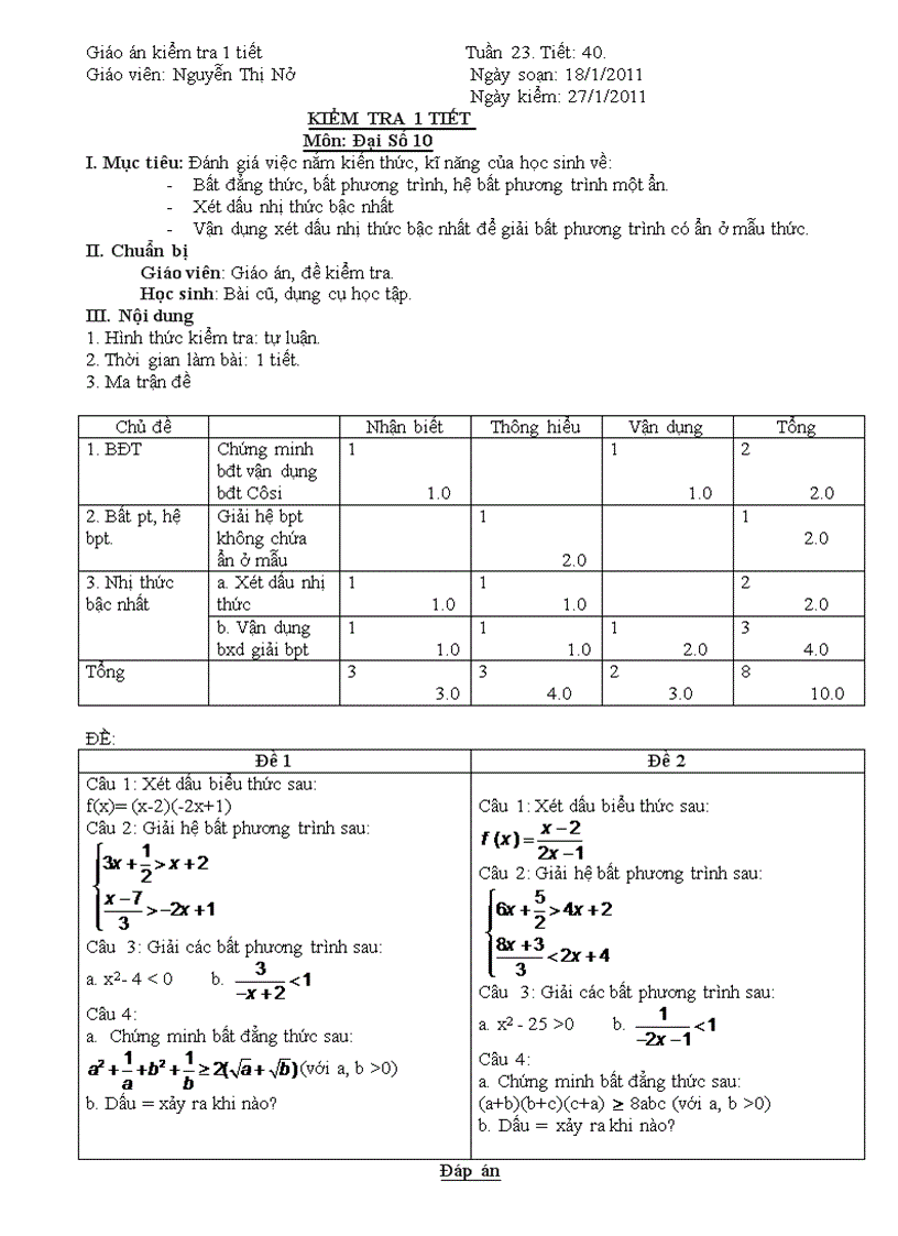 Giáo án đề kiểm tra 1 tiết toán 10 tiết 40