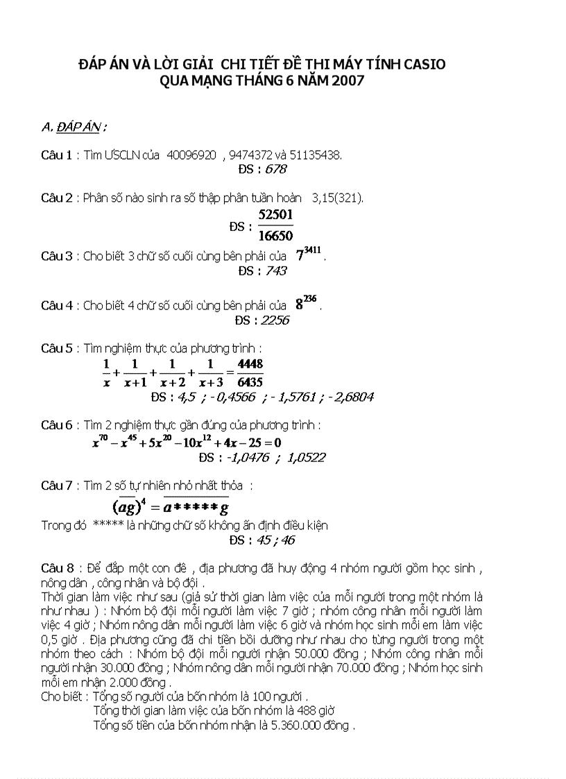 Đề và đáp án lời giải cuộc thi giải toán trên máy tính casioqua mạng toàn quốc