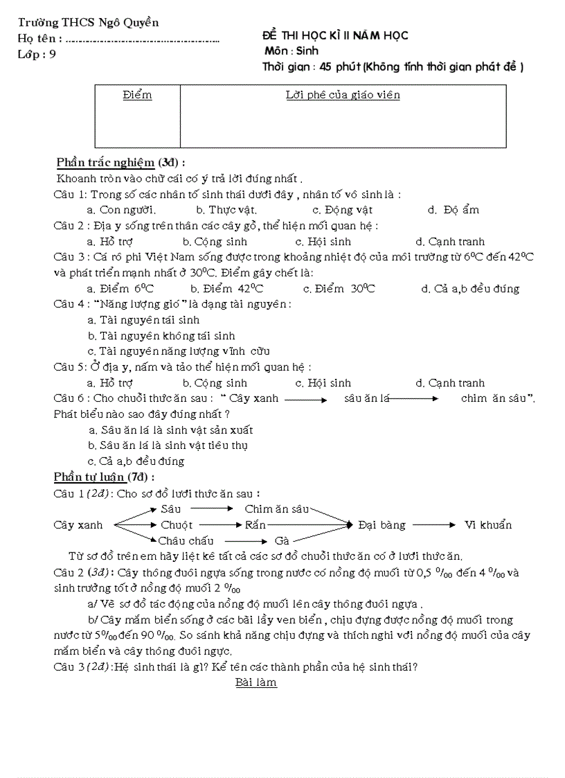 Đề thi sinh HKII lớp 9