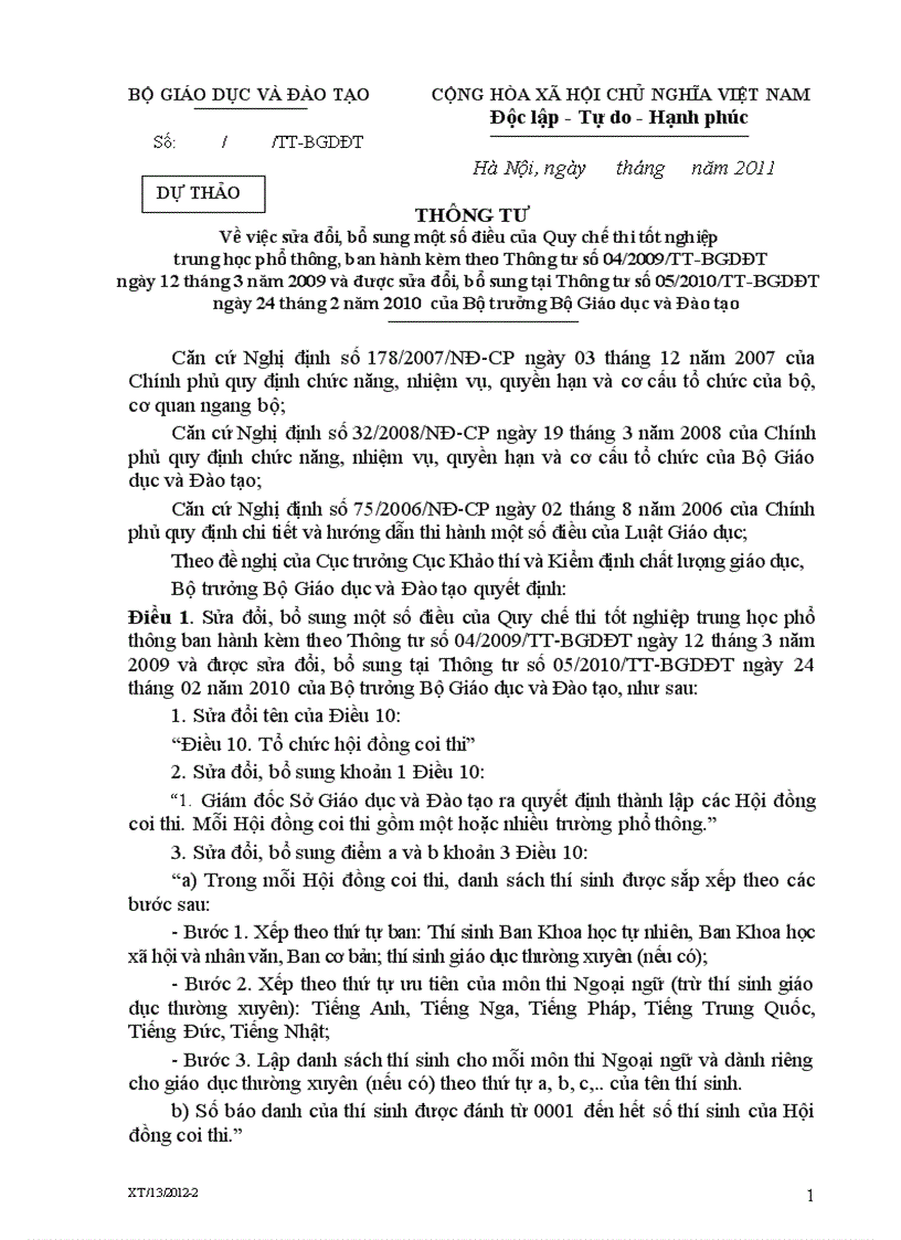 DỰ THẢO Về việc sửa đổi bổ sung một số điều của Quy chế thi tốt nghiệp trung học phổ thông 2011