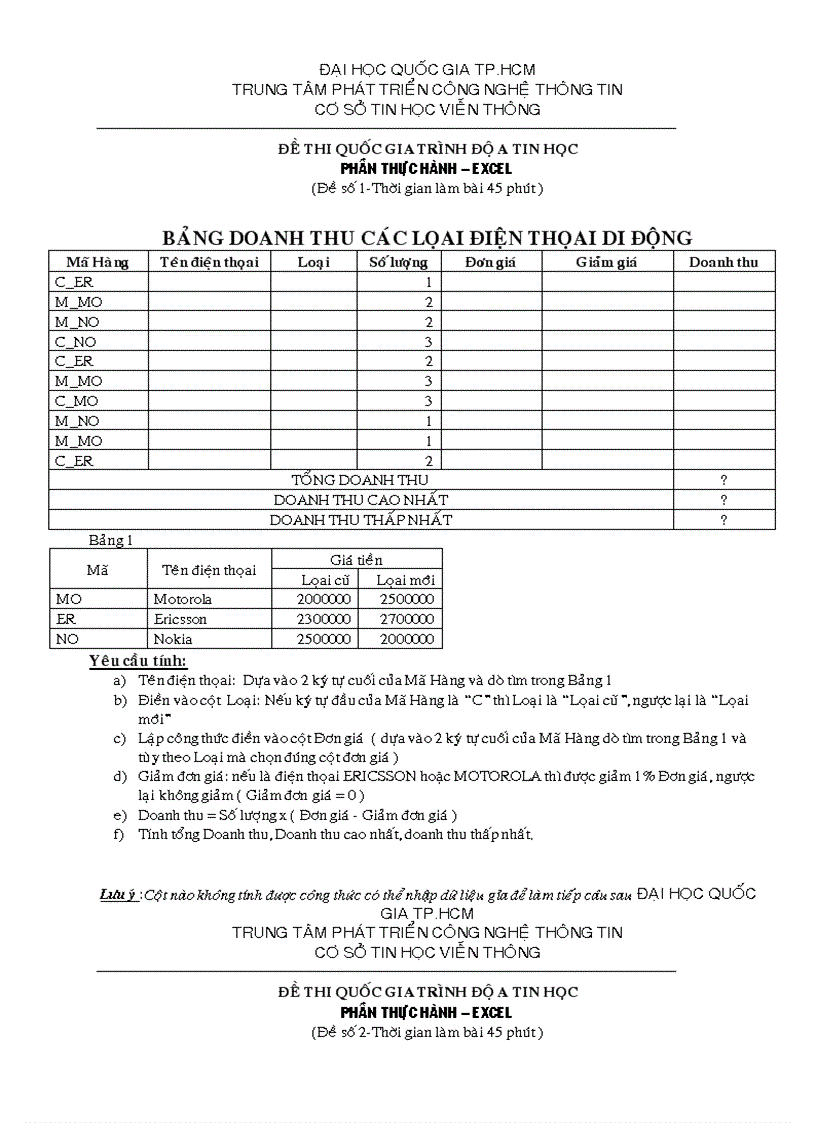 Đề thi Excel A