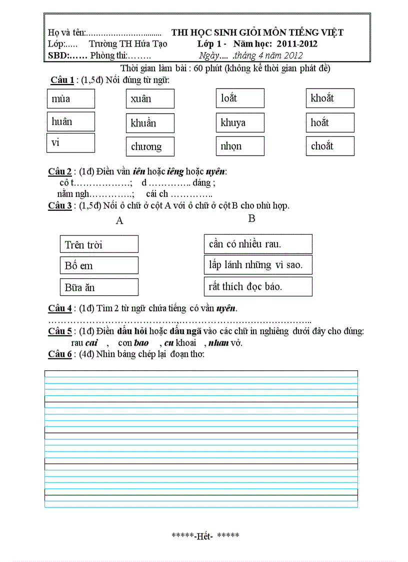 Đê thi HS giỏi môm Tiếng Việt Lớp 1 Hoang Năm 2011 2012