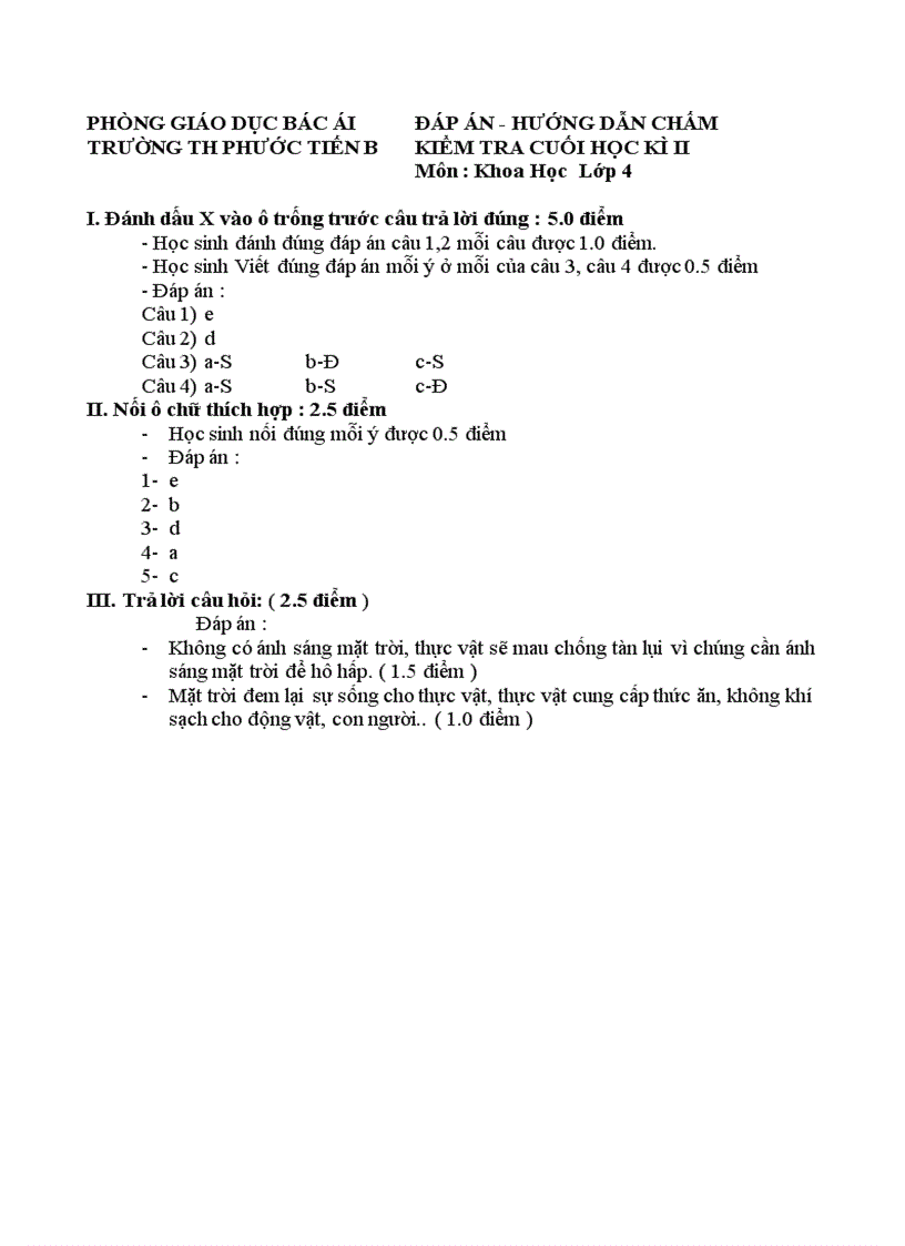 Đề thi đáp án khoa địa sử lớp 4 HKII