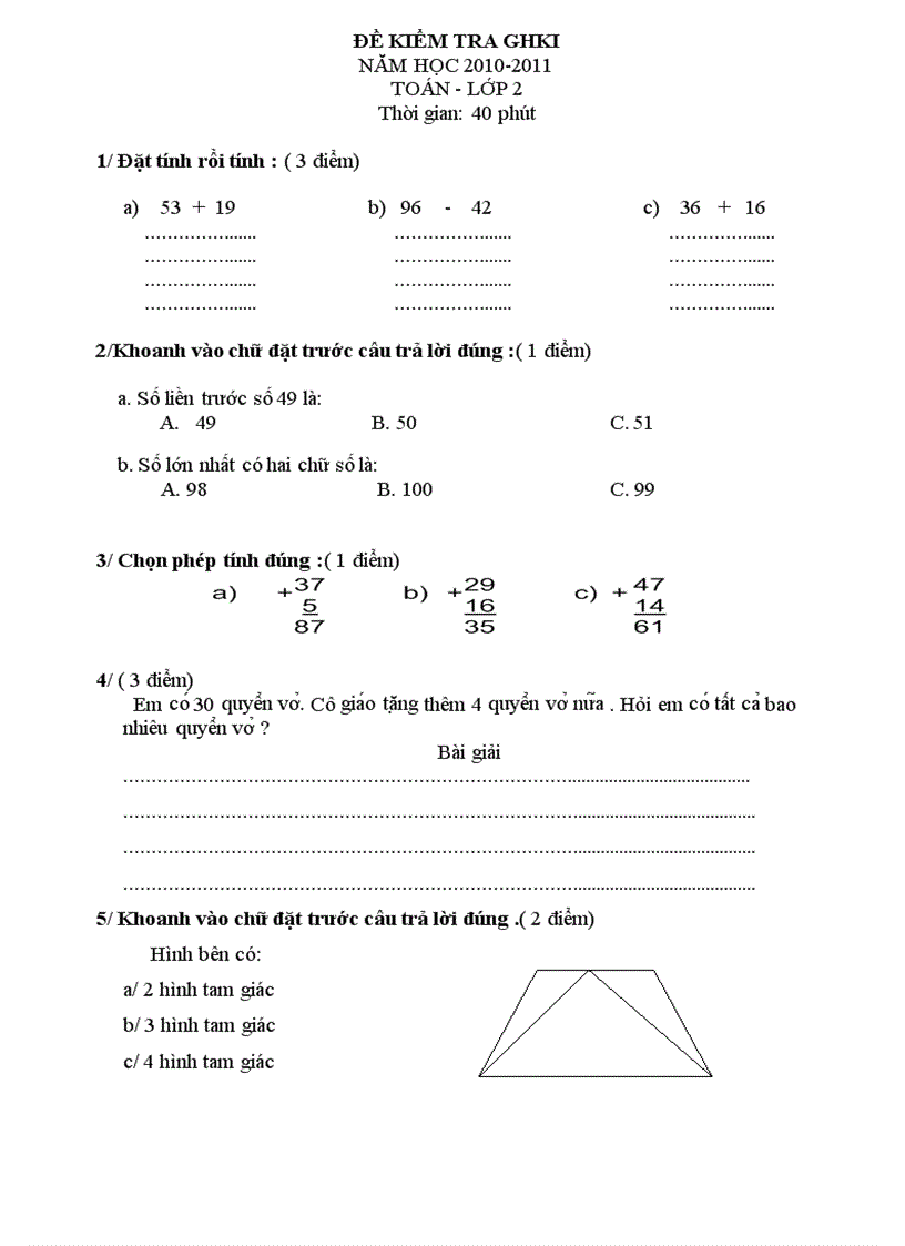 Đề ktghki lớp 2