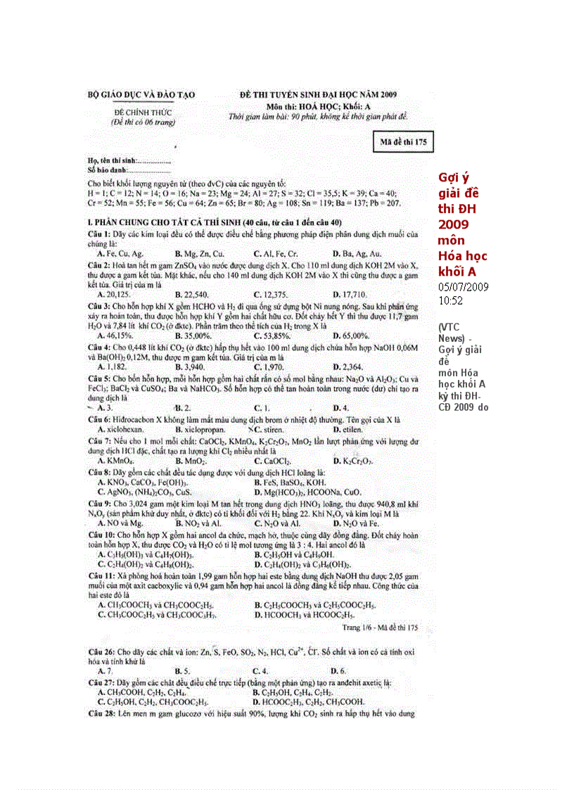 Đề Thi Đáp ánHoá học DDH 09