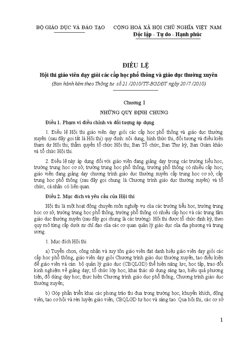 Điều lệ thi Giáo viên giỏi kèm theo thông tu số 21