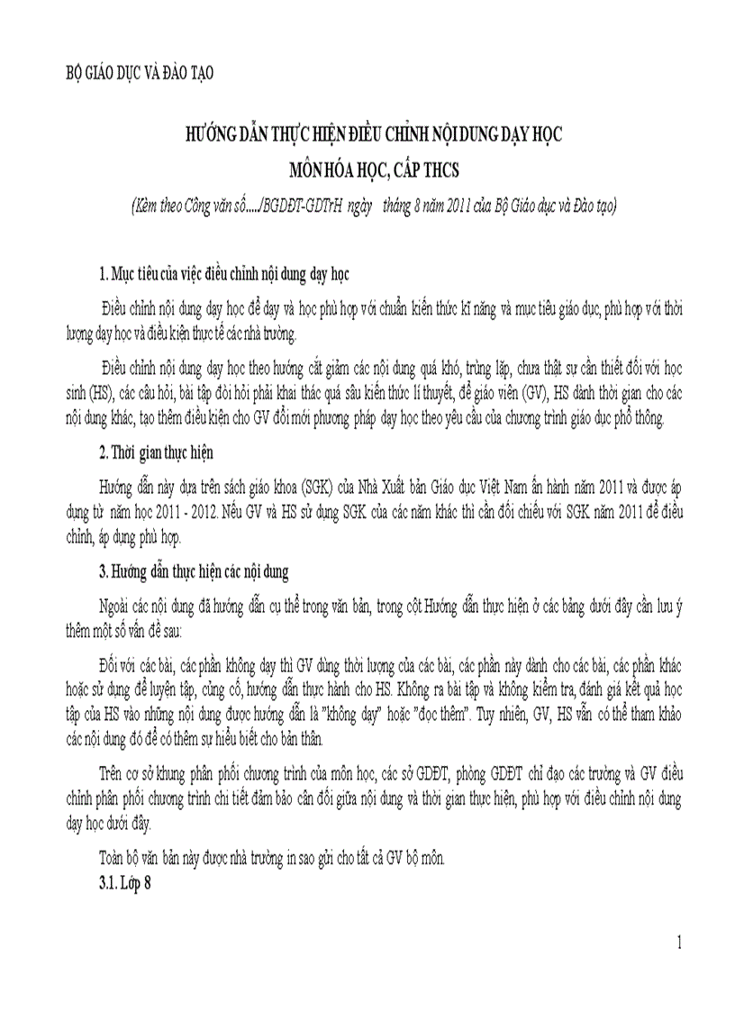 Điều chỉnh chương trình môn Hóa học