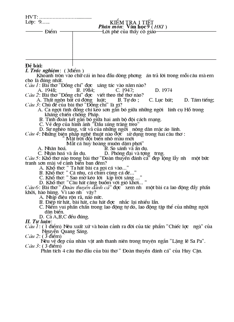 Đề kiểm tra ngữ văn 9 Văn học hk1