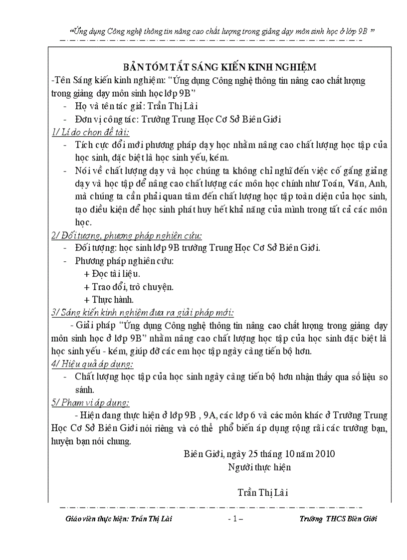 Đề tài ứngdụng CNTT trong môn Sinh học