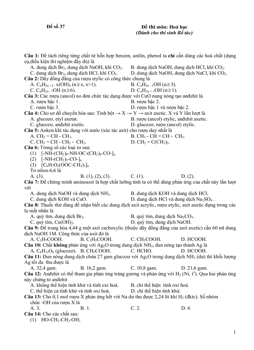 Đề thi hóa cho HSBT