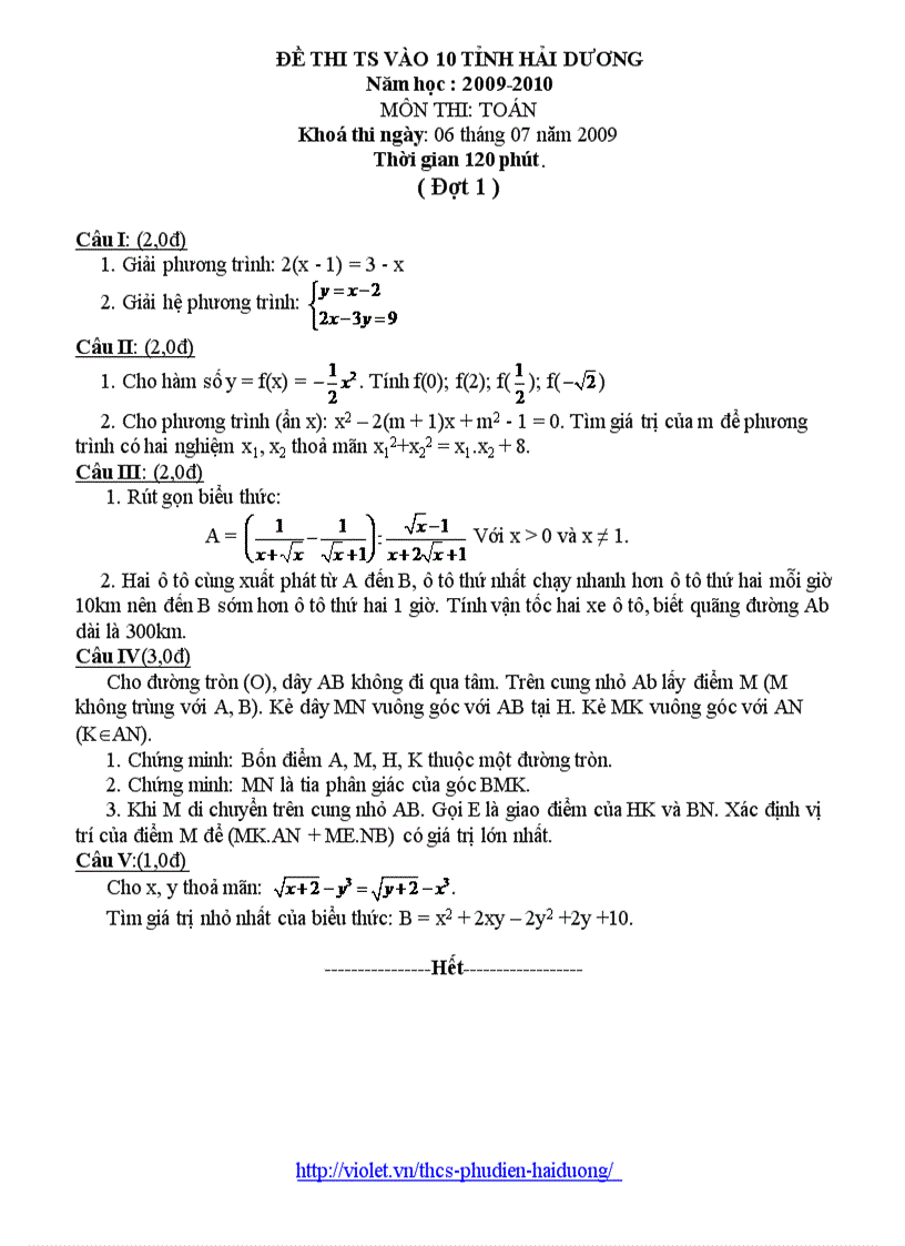 Đề LG Toán vào 10 HD 09 10 2 đợt
