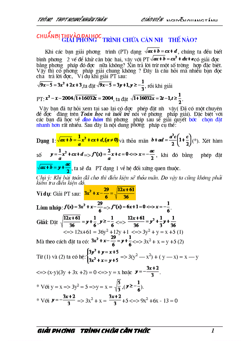 Giải phương trình chứa căn thức như thế nào