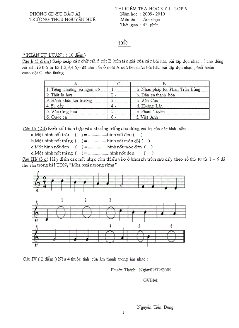 Đề thi đáp án môn nhạc lớp 6789