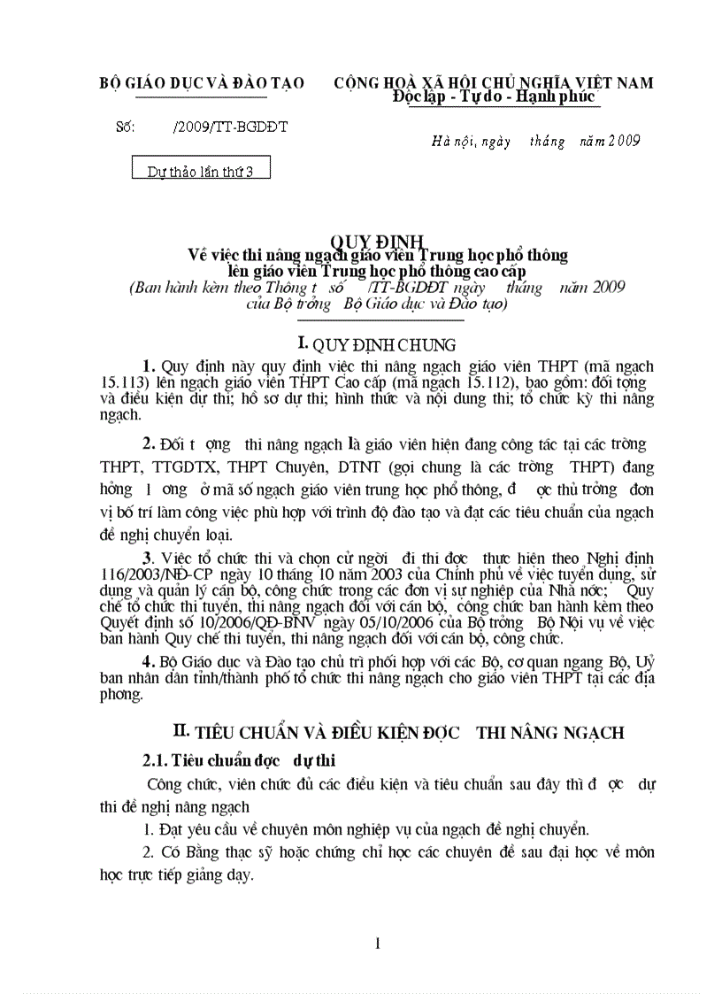 Dự thảo Thông tư ban hành Quy định về việc thi nâng ngạch giáo viên Trung học phổ thông lên giáo viên Trung học cao cấp