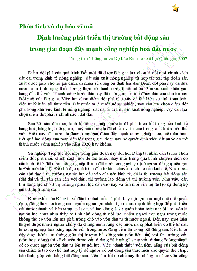 Định hướng phát triển thị trường bất động sản trong giai đoạn đẩy mạnh công nghiệp hoá đất nước