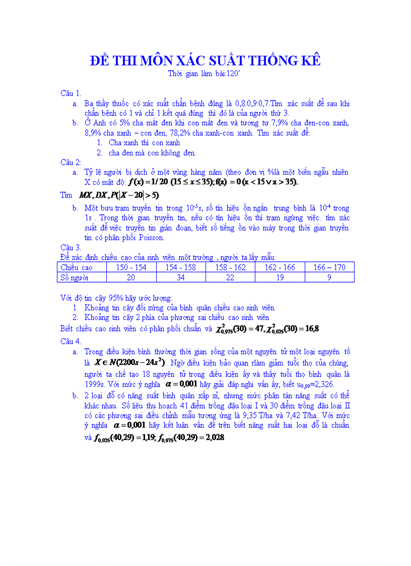 Đề thi môn xác suất thống kê cao học