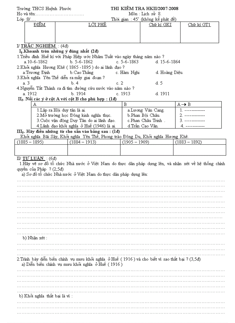Đề thi đáp án HKII lịch sử lớp 8