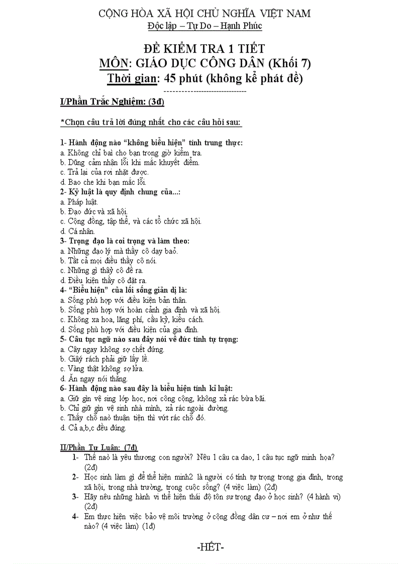 Đề Kiểm Tra GDCD 1 TIẾT Khối 7