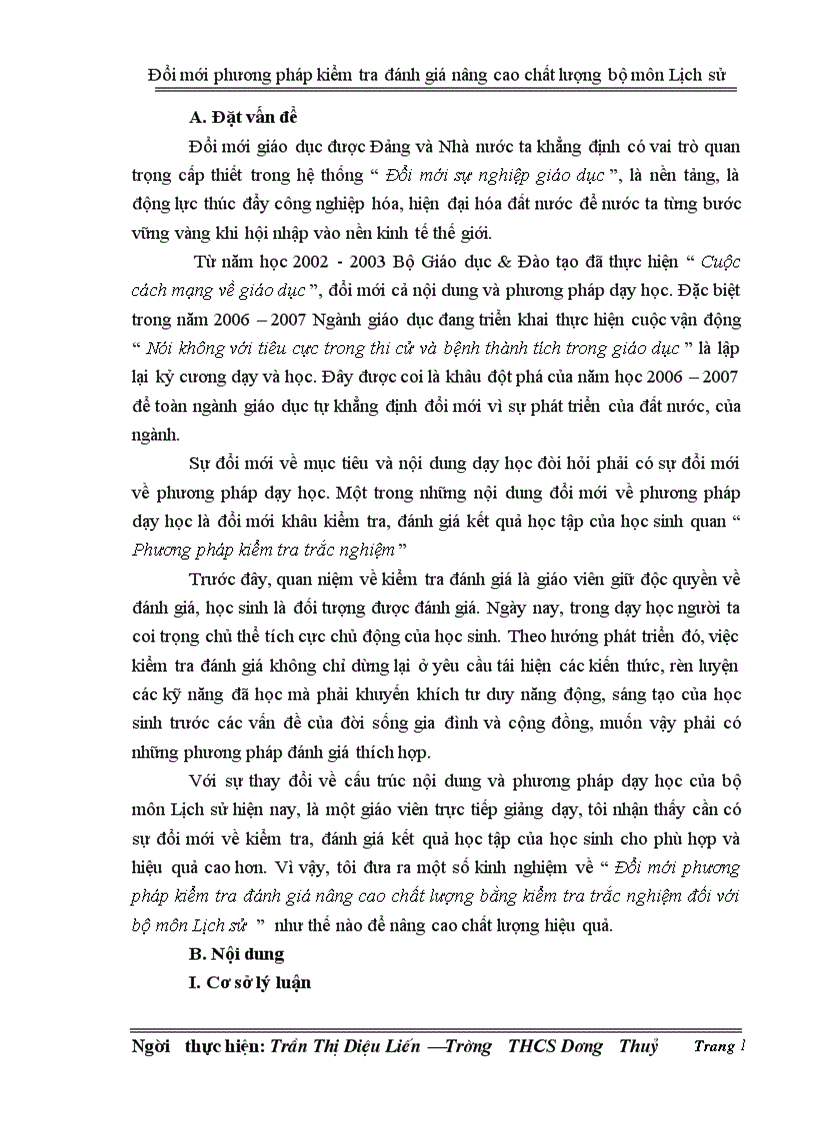 Đổi mới phương pháp kiểm tra đánh giá nâng cao chất lượng bộ môn Lịch sử