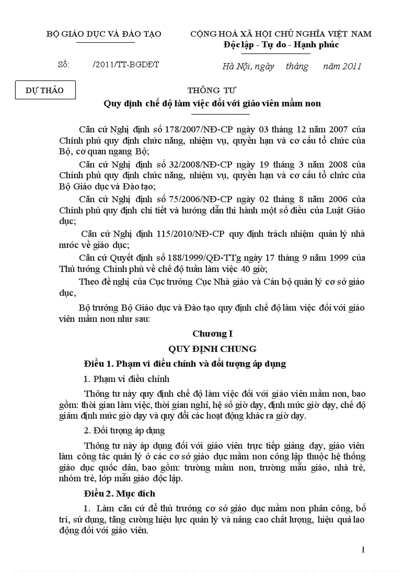 Dự thảo thông tư Quy định chế độ làm việc đối với giáo viên mầm non 1