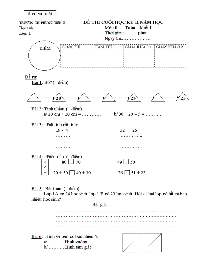 Đề thi đáp án toán lớp 1 HKII