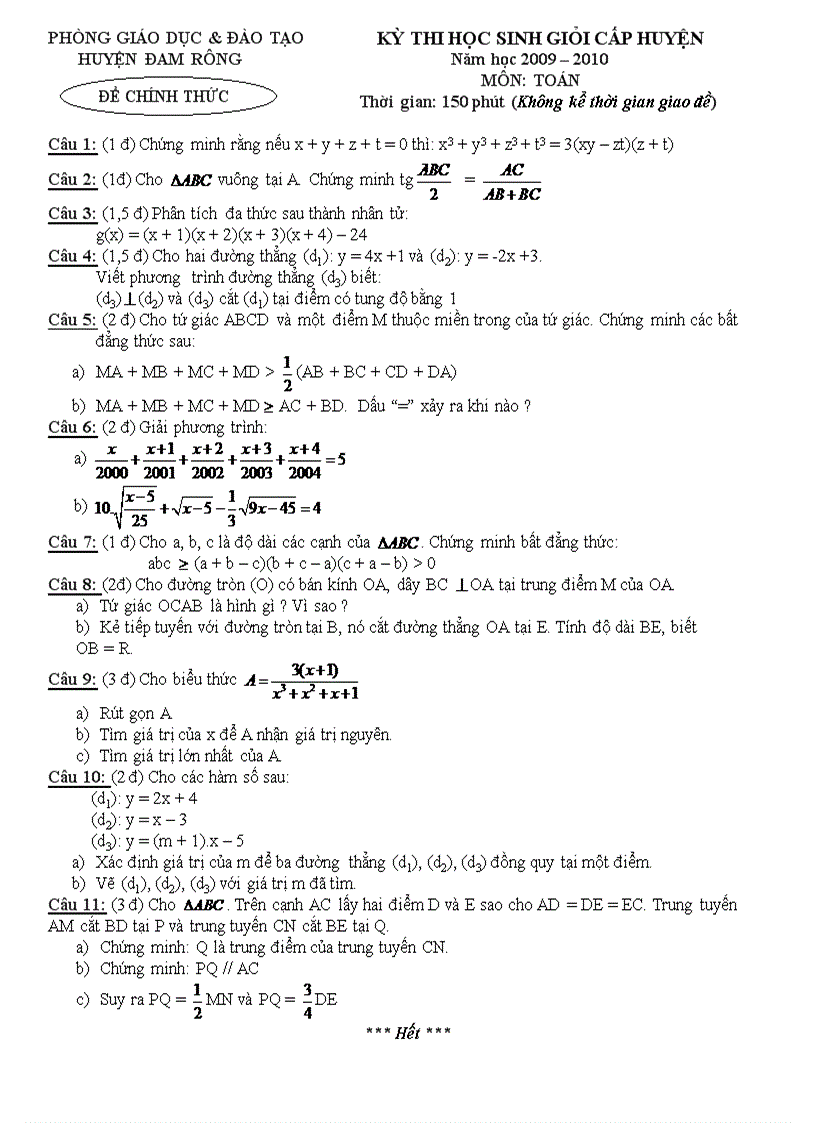Đề thi Học sinh giỏi môn Toán 9 năm học 2009 2010