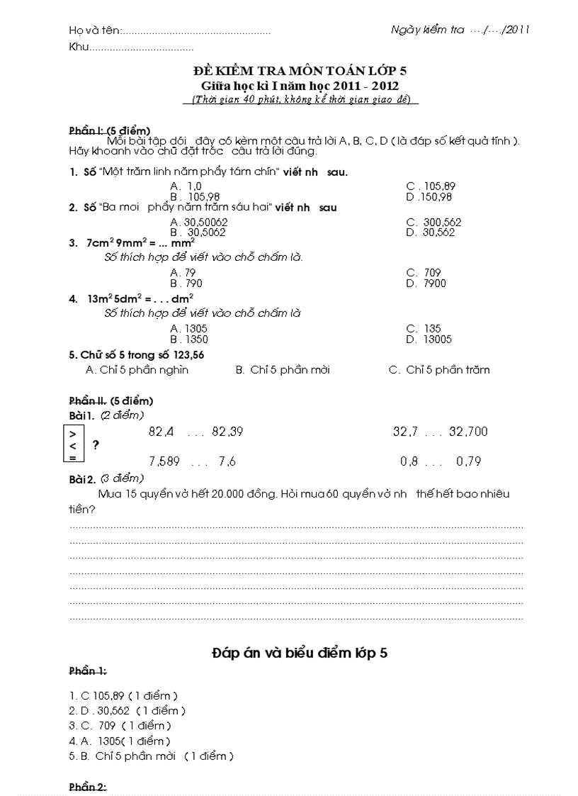 Đề thi GHKI Toán 5