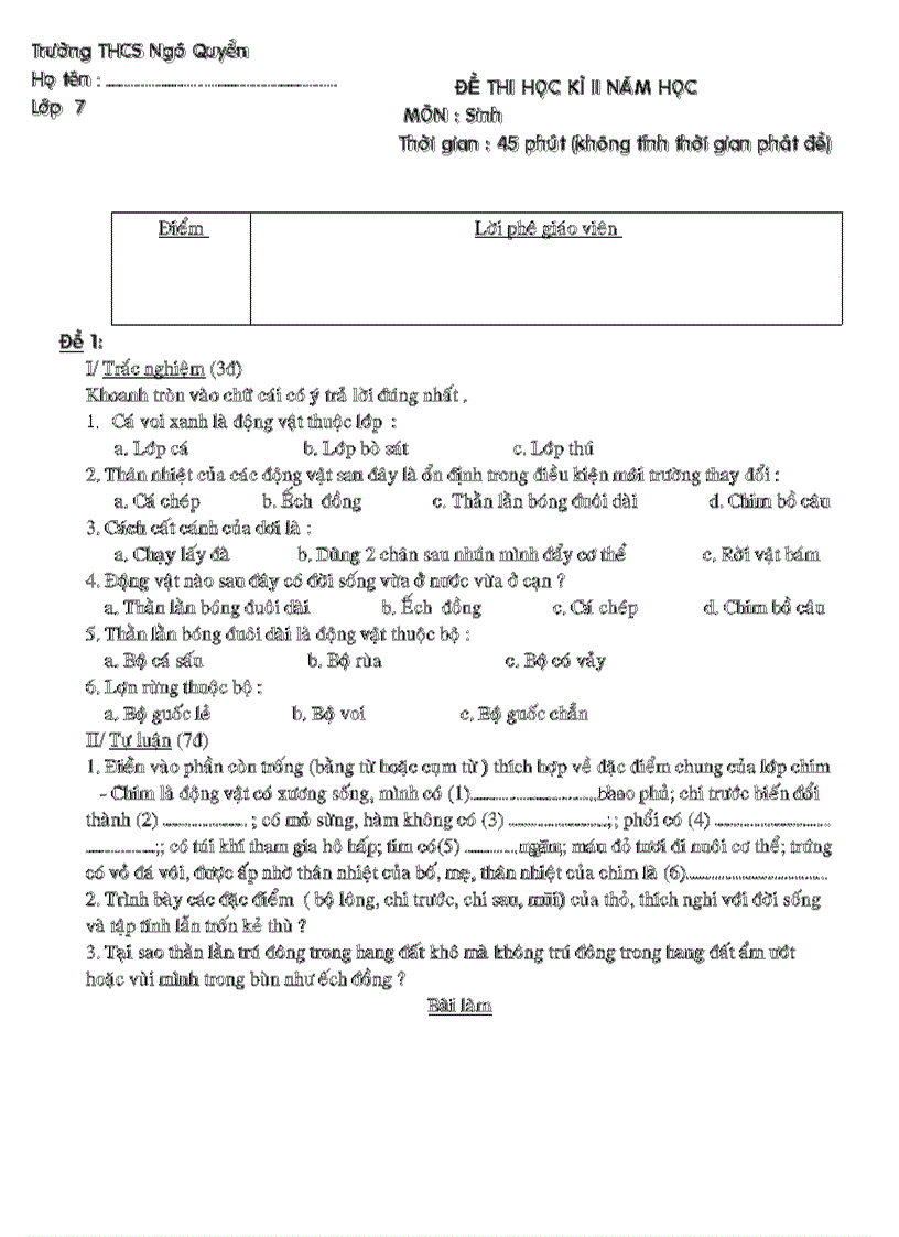 Đề thi sinh lớp 7 HKII