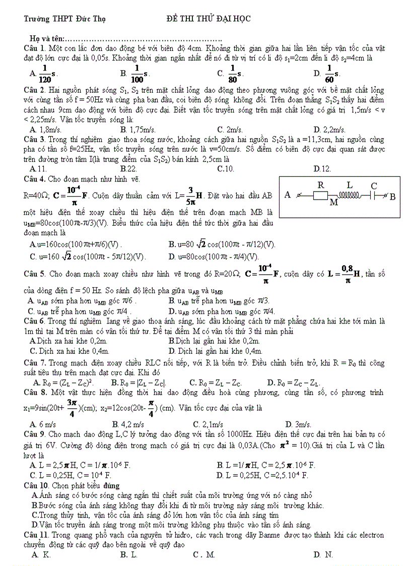 Đề thi thử đại học 2010 THPT Đức Thọ