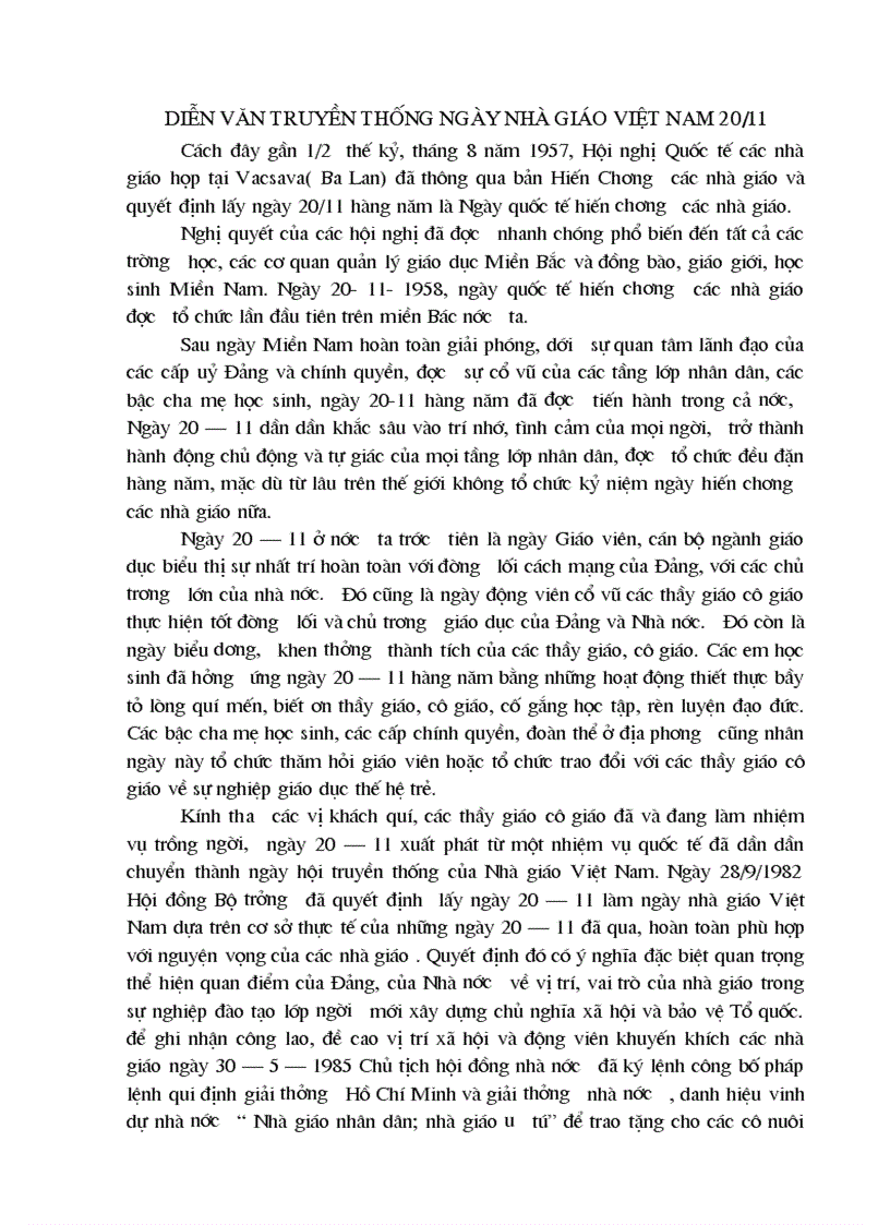 Diễn văn kỷ niệm ngay nhà giáo việt nam 20 11