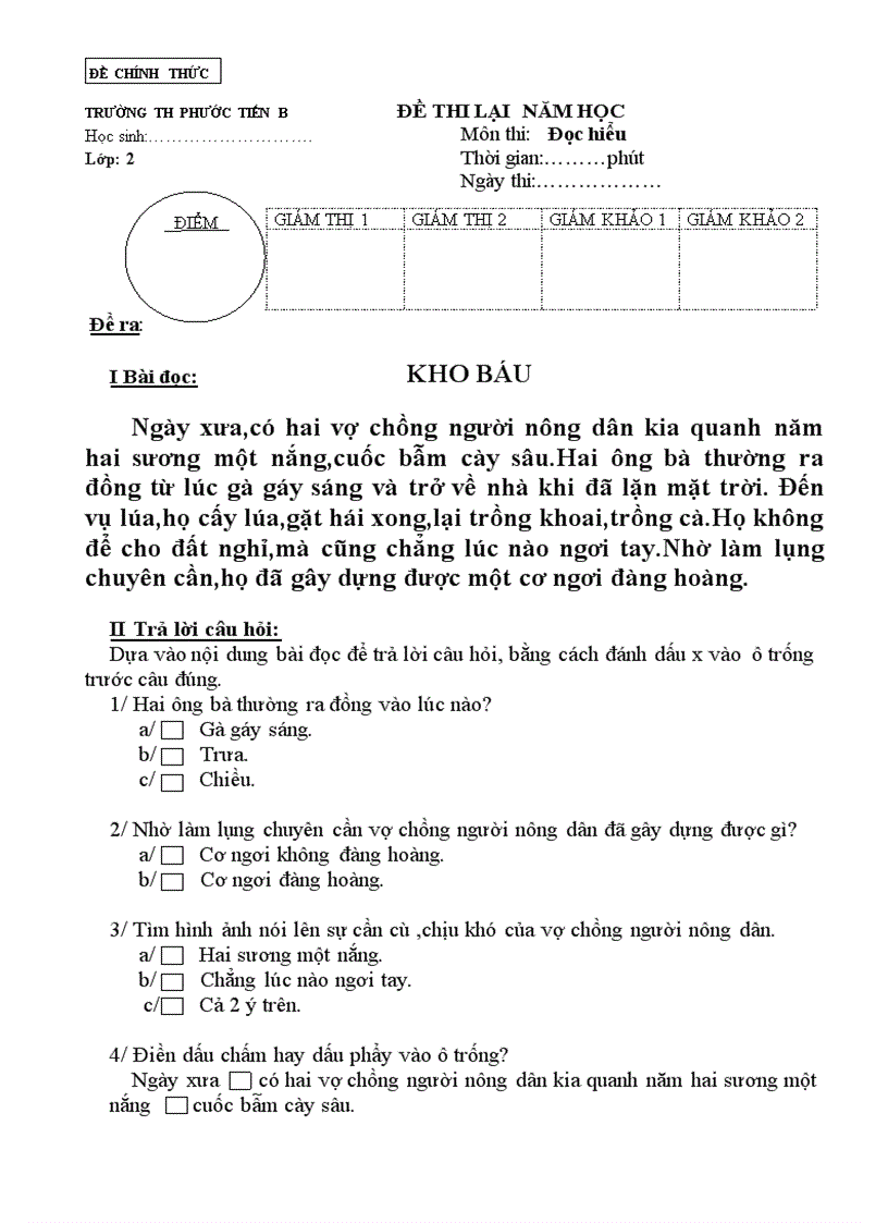 Đề thi đáp án môn tiếng việt HKII lớp 2